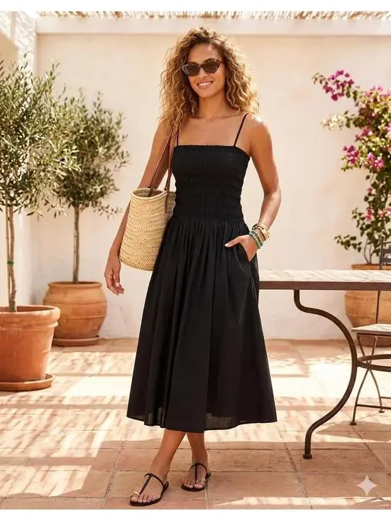Madewell Black Smocked Bodice Midi Dress Spaghetti Straps - Picture 1 of 10